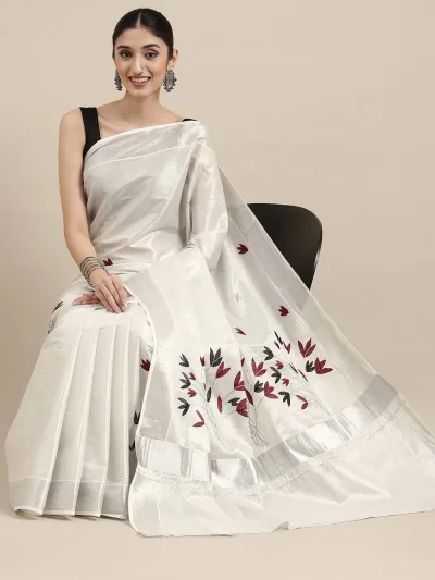 Traditional Onam Kasavu Tissue Embroidery Kerala Saree